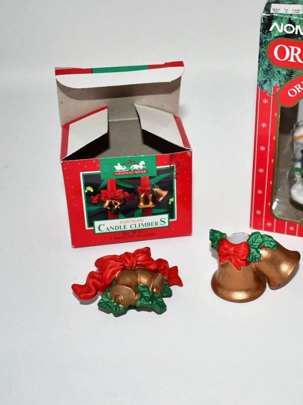 Vintage Christmas Avenue Porcelain Candle Climbers Set of 2 Bells Bows NIB